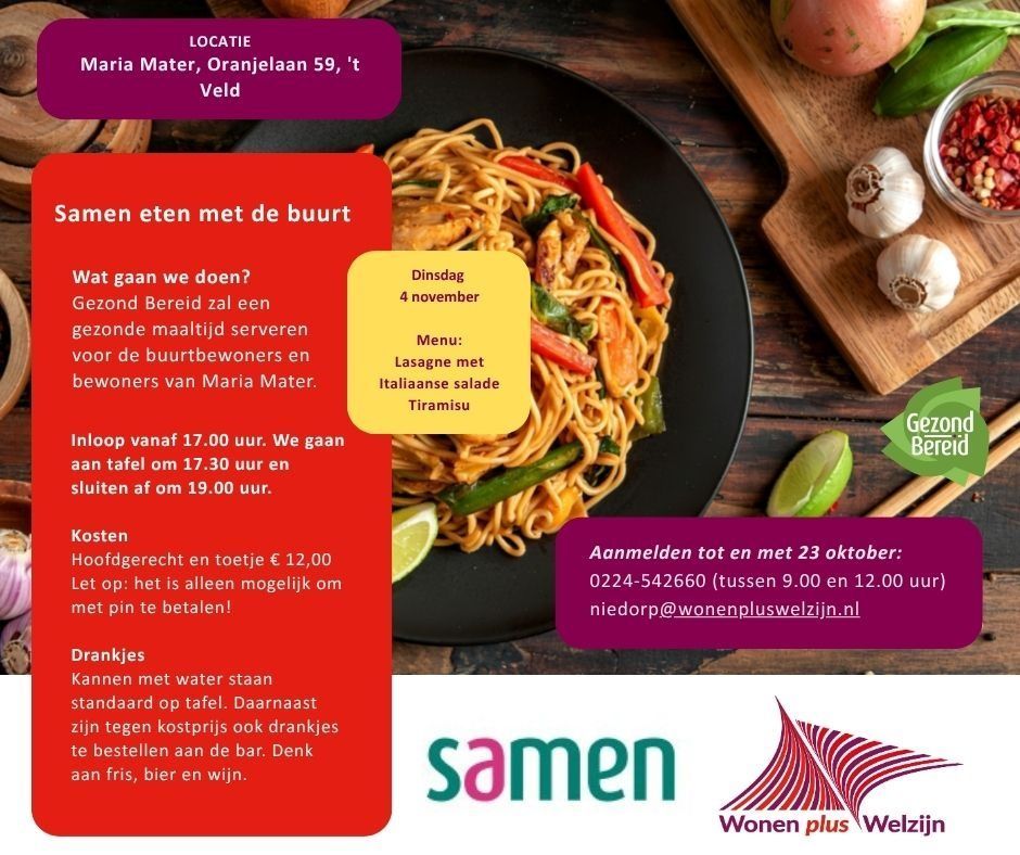Samen eten met de buurt op dinsdag 4 november bij Maria Mater in 't Veld